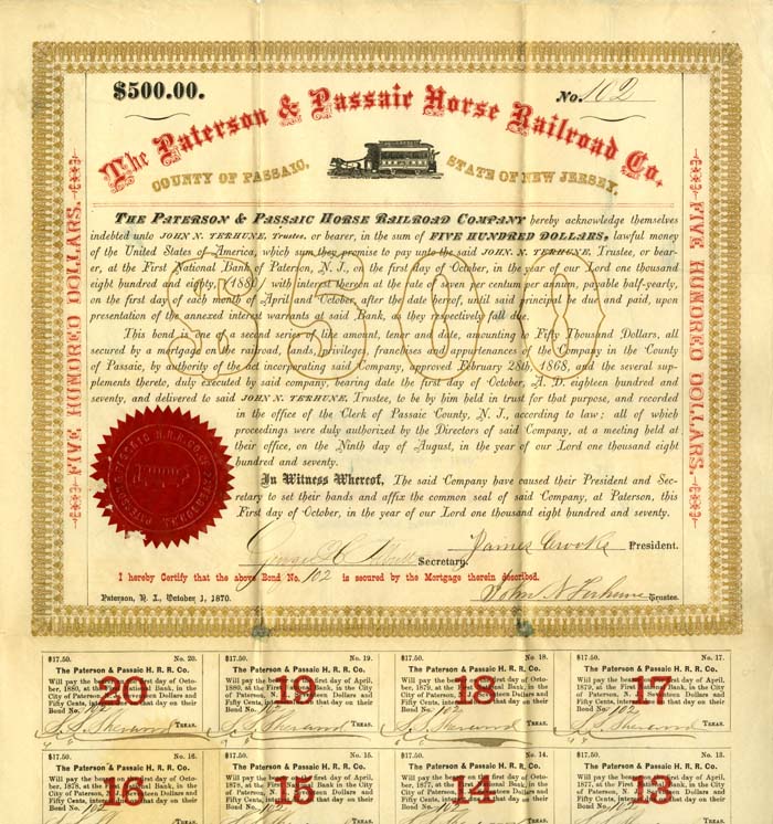 Paterson and Passaic Horse Railroad Co. - $500 Bond 